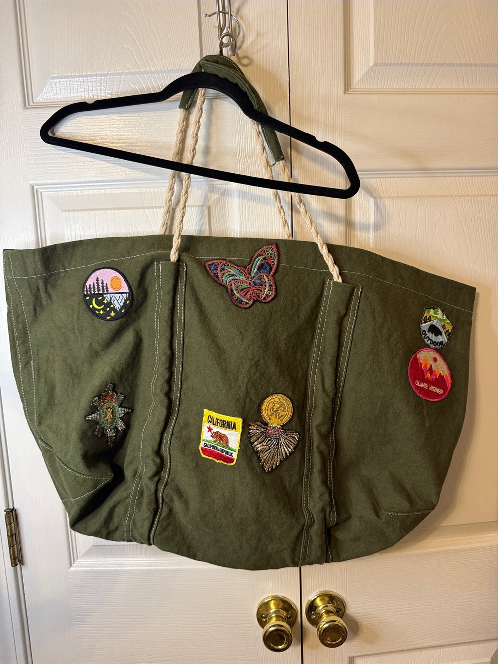 Free People Olive Green Canvas Tote with Embroidered Patch Detail - Picture 1 of 3